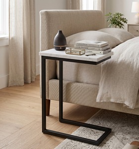 Modern <b>Black</b> Marble <b>Side</b> <b>Table</b> Metal Frame C Shaped End <b>Table</b> Laptop Desk Coffee Tray Snack <b>Tables</b> For Sofa Couch Living - Product Image 3