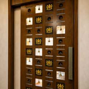 Puerta de Templo Moderna de Madera Personalizada, Hecha a Mano, Entrada de Mandir con Intrincados Grabados Florales, Rejilla Jali, Motivo Om, Loto, para Interiores - Product Image 2
