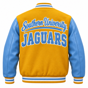 Chaqueta Universitaria Southern University Jaguars, Chaqueta Letterman Personalizada HBCU Dorada y Azul, Mangas de Cuero y Lana Bordadas, Venta al Por Mayor - Product Image 2