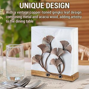 Leaf Design Napkin Holder Vintage Copper Tone Metal Gingko Leaves & Solid Acacia Wood Tabletop Napkin Rack Stand Elegant - Product Image 2