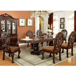 European 8-seater black and gold <b>dining</b> set with tufted velvet <b>chairs</b> and ornate carved pedestal base, at wholesale prices. - Product Image 5