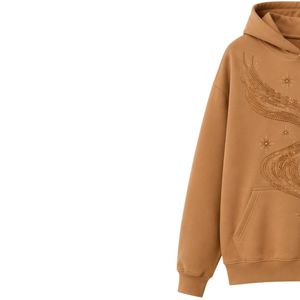 Sudadera con Capucha Extra Grande para Mujer, Diseño de Ondas con Pedrería Color Camel, Felpa Premium, Estilo Casual Urbano - Product Image 3
