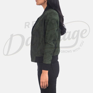 Women Dark Green Genuine Suede <b>Leather</b> Bomber <b>Jacket</b> Slim Fit Premium Goat Suede Casual Winter Varsity Outerwear Coat - Product Image 5