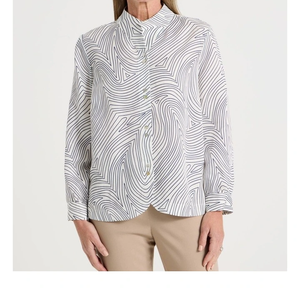 เสื้อเชิ้ตพิมพ์ลายเส้นนามธรรมสำหรับผู้หญิง แขนยาว ติดกระดุมด้านหน้า คอตั้ง ทรงหลวม สวมใส่สบาย เหมาะสำหรับใส่ทำงานหรือใส่ในชีวิตประจำวัน - Product Image 2