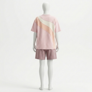 ชุดเสื้อผ้าผู้ชายสีชมพูแบบคัลเลอร์บล็อก ผ้าคอตตอนเจอร์ซีย์ถัก ชุดลำลองสำหรับฤดูร้อน - Product Image 2