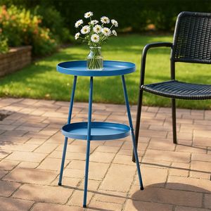Table d'appoint compacte à 2 niveaux, cadre en métal bleu marine, diamètre de 12,6 pouces, pieds réglables antidérapants, utilisation intérieure/extérieure - Product Image 1