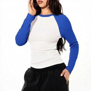 Wholesale Women Casual White Blue Cotton Summer Long Sleeve <b>Raglan</b> Crop <b>Top</b> Crew Neck Color Blocked Slim Fit Knitted T-Shirts - Product Image 3