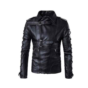 Men's Black PU Leather Biker Jacket <b>Slim</b> Fit Stand Collar <b>Belted</b> Zipper Closure Moto Style Winter Wear Quick Dry Coated - Product Image 1
