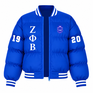 เสื้อแจ็คเก็ตพัฟเฟอร์ Zeta Phi Beta Sorority แบบสั่งทำพิเศษ ปักโลโก้ด้านหน้า สีน้ำเงินและสีขาว แขนยาว สำหรับผู้หญิง - Product Image 3