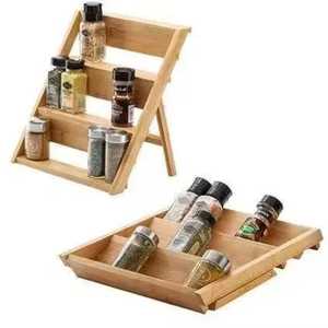 ชั้นวางเครื่องเทศไม้ไผ่แบบพับได้ 3 ชั้น พร้อมถาดใส่ของในลิ้นชัก ขยายได้ - Product Image 1