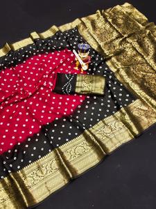 Sari Tradicional Indio Kanjivaram Bandhani, Tela de Seda Premium, Diseño Bandhej, Trabajo Zari Elaborado, para Bodas, Fiestas y Eventos - Product Image 4