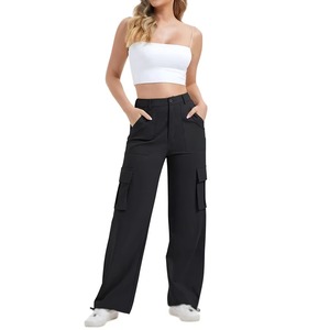 Pantalon droit taille haute pour femmes noires avec poches, pantalon de jogging décontracté longueur entière - Product Image 1