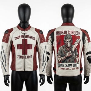 Chaqueta de cuero de carreras Zombie Surgeon con gráfico de sierra para huesos, estilo motero, cruz de sangre, ropa de calle, para motociclista, prenda exterior profesional - Product Image 1