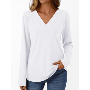 Camiseta de Manga Larga con Cuello en V para Mujer, Color Sólido, Corte Holgado, 100% Algodón, Tejido Jersey Informal, Transpirable, para Todas las Temporadas - Product Image 1