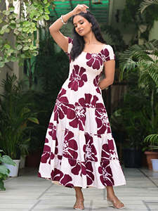 Robe élégante pour femmes, à volants floraux, coupe évasée, mi-mollet, tissée, écologique, col rond, décontractée, pour les occasions spéciales - Product Image 4