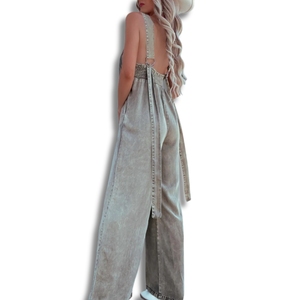 Combinaison sexy pour femmes en denim à taille haute, fitness, col en V, jambes larges, tricotée, respirante |   Combinaison utilitaire contemporaine - Product Image 2