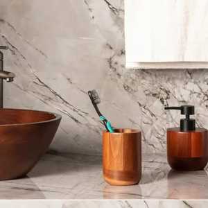 Porte-brosse à dents en bois bicolore avec organisateur multi-emplacements pour brosses à dents en bambou, dentifrice et accessoires de salle de bain - Product Image 5