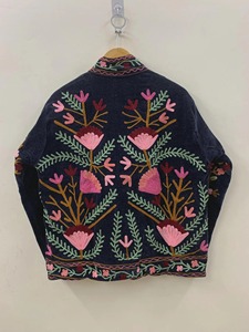 Veste en velours brodée de fleurs, col mandarin, manches longues, taille plus pour femmes, style bohème chic, vêtements de printemps - Product Image 2