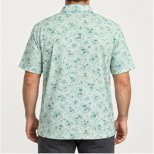 เสื้อโปโลพิมพ์ลายเพสลีย์สีเขียวมิ้นท์สำหรับผู้ชาย แบรนด์ Trackstar แขนสั้น คอปกติดกระดุม สไตล์ลำลอง เหมาะสำหรับตีกอล์ฟ รับสกรีนโลโก้ - Product Image 4