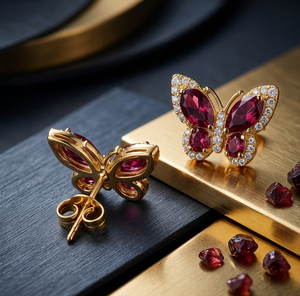 ต่างหูรูปผีเสื้อประดับโกเมนสีแดง งานแฮนด์เมด หลายขนาด เงินแท้ 925 ชุบทอง 18K เครื่องประดับสุดหรู - Product Image 2