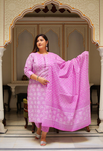 Purple Floral Kurta <b>Pant</b> Dupatta Set Cotton Round Neck <b>Three</b> <b>Quarter</b> Sleeve Plus Size Women Casual Ethnic Wear Wholesale - Product Image 6