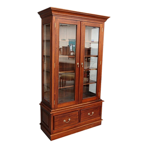 <b>Solid</b> mahogany timber <b>bookcase</b> features two glass fronted doors and two drawers at the base for living room indoor use - Product Image 1