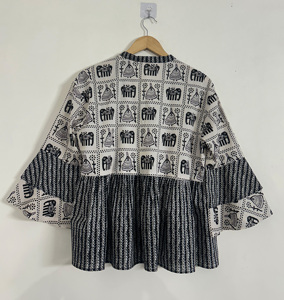 Women’s Boho Peplum Top, Black Cream Block Print Tunic, Flared Sleeve Casual Blouse - Product Image 4