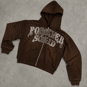 Sudadera con capucha y cremallera completa para hombre, personalizada con pedrería, efecto desgastado, oversize, de peso pesado, estilo streetwear, marrón, marca privada - Product Image 1