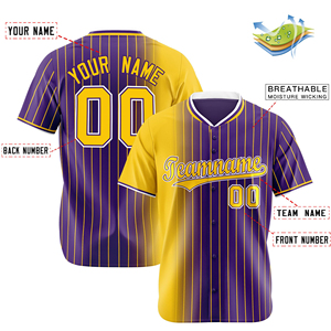 Maillot de baseball violet et jaune rayé à manches courtes, fermeture boutonnée, respirant, coupe classique, unisexe adulte, impression du nom de l'équipe - Product Image 4