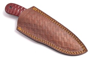 Couteau de chasse à lame fixe en acier Damas, pointe tombante, manche pleine longueur avec fourreau en cuir, bolster en Damas et manche en Micarta à rainures - Product Image 6
