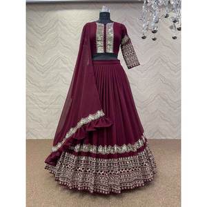 NUEVA LLEGADA GEORGETTE BORDADO SECUENCIA TRABAJO LEHENGA CHOLI CON DUPATTA MAROON - Product Image 1