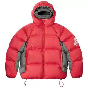 Men's Red Hooded Puffer <b>Jacket</b> Windproof Zipper Closure Casual Winter Coat Thick Down Filling Regular Length <b>Patch</b> Design Left - Product Image 1