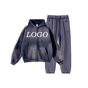 Wholesale Men's Hooded Tracksuit Full <b>Zip</b> <b>Sweatshirt</b> and Pant Set Casual Solid Color Breathable Cotton Fleece Fabric Winter Wear - Product Image 2