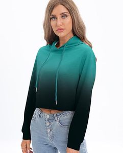 Sweat-shirt à capuche court à manches longues avec cordon de serrage et dégradé ombré pour femme - Product Image 4