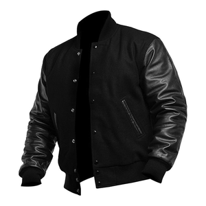 แจ็คเก็ต Varsity Letterman สำหรับโรงเรียนมัธยมและมหาวิทยาลัย ทรงบอมเบอร์เรียบง่าย ผ้าขนสัตว์เนื้อบาง คอปกมีฮู้ด แขนหนัง - Product Image 2