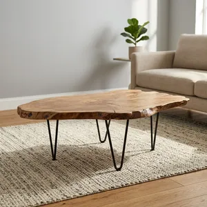 Table basse en bois massif rustique à bord naturel avec pieds en métal noir pour une décoration de salon moderne - Product Image 5