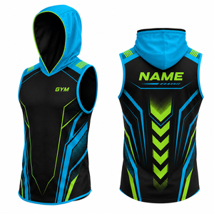 Camiseta sin mangas con capucha para hombre, diseño de bloques de color, estampado en relieve, de secado rápido, ajuste slim, informal, en negro, azul y verde, de poliéster tejido, para verano. - Product Image 1