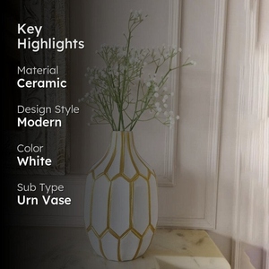 Vase en céramique blanc et or, design vintage, motif géométrique en nid d'abeille, 12 pouces, vase à fleurs en porcelaine pour table. - Product Image 6