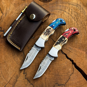 UA Supplies Industrial Grade Damascus Steel Utility Folding Knife with Elk Horn & Wood Handle Clip Point Blade OEM Customizable - Product Image 1