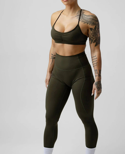 Women's Olive Green Yoga Set High Waist Leggings Crop Top Spaghetti Strap Ruched Seamless 2 Piece Solid Pattern Full Length 220g - Product Image 1