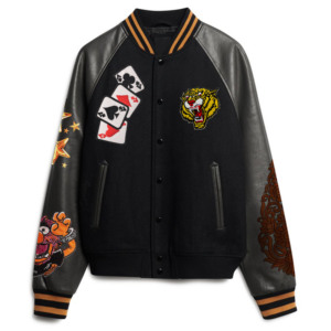 Veste de baseball réversible à capuche noire pour homme Falcon Enterprises, avec broderie de tigre, patchwork et manches en laine/viscose - Product Image 2