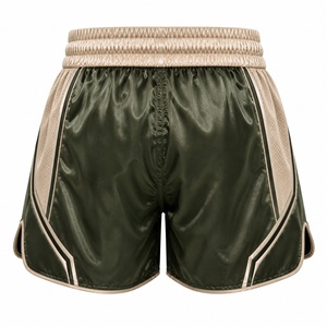 Unisex Green Satin/Nylon/<b>Polyester</b> Boxing Shorts with Beige Mesh Panel Elastic Waistband Seamless Fusing Quick Dry Regular Fit - Product Image 6