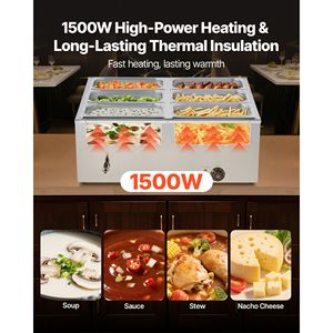 Scaldavivande Elettrico Commerciale 1500W in Acciaio Inossidabile a 6 Vasche, Bain-Marie con Coperchio a Riscaldamento Rapido per Attrezzature da Banco per Mantenimento Caldo - Product Image 2