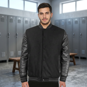 Vestes d'université pour hommes personnalisables rayures brodées col montant laine cuir manches avant dernier style Letterman Tackle - Product Image 4