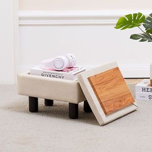 Poggiapiedi Moderno in Lino con Contenitore, Gambe in Legno Massello, Sgabello/Seduta per Hotel, Soggiorno, Divano, Materiale MDF - Product Image 2
