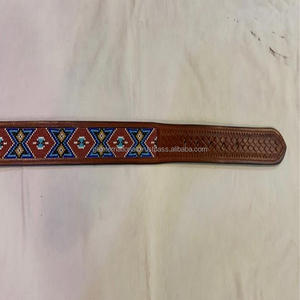 Cinturón de cuero occidental para herramientas, tejido completo de cesta de color marrón, con cuentas de diseño multicolor personalizadas y hebilla occidental - Product Image 3