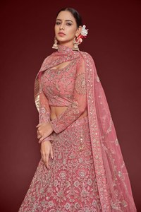 <b>Rose</b> Pink Embroidered Polyester/Cotton Lace Lehenga Choli Net Saree Set Traditional Wedding Outfit for Women - Product Image 2