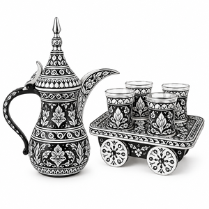 Middle Eastern Style Metal Dallah <b>Tea</b> Pot <b>Set</b> with 4 Glasses and Tray Heat-Resisting for Wedding & Party Use - Product Image 2