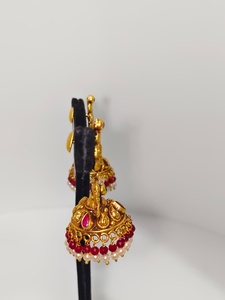 Antique 22k Solid Gold <b>Drop</b> <b>Earrings</b> Handcrafted Lakshmi Motif Wedding Jewelry with Green <b>Emeralds</b> and Natural Pearls - Product Image 3