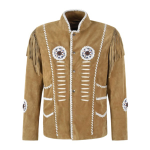 Wholesale Genuine Cow <b>Suede</b> Leather Western Beige <b>Jacket</b> Men's Cowboy Fringe Coat Custom OEM ODM Private Label Manufacturer - Product Image 1